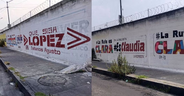 Aparecen pintas en barda de Semovi a favor de Claudia Sheinbaum y Clara Brugada Retrato de Claudia Barda.