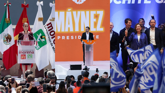 Candidatos presidenciales México 2024: Sheinbaum, Maynez, Galvez.