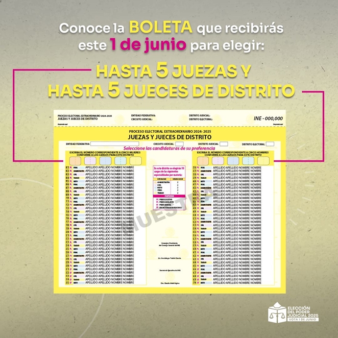 INE presenta la boleta electoral para elegir juezas y jueces de distrito este 1 de junio Imagen de un evento con asistentes y decoración.